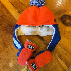 L.L. Bean Kids' Bright Orange and Navy Hat with Mittens